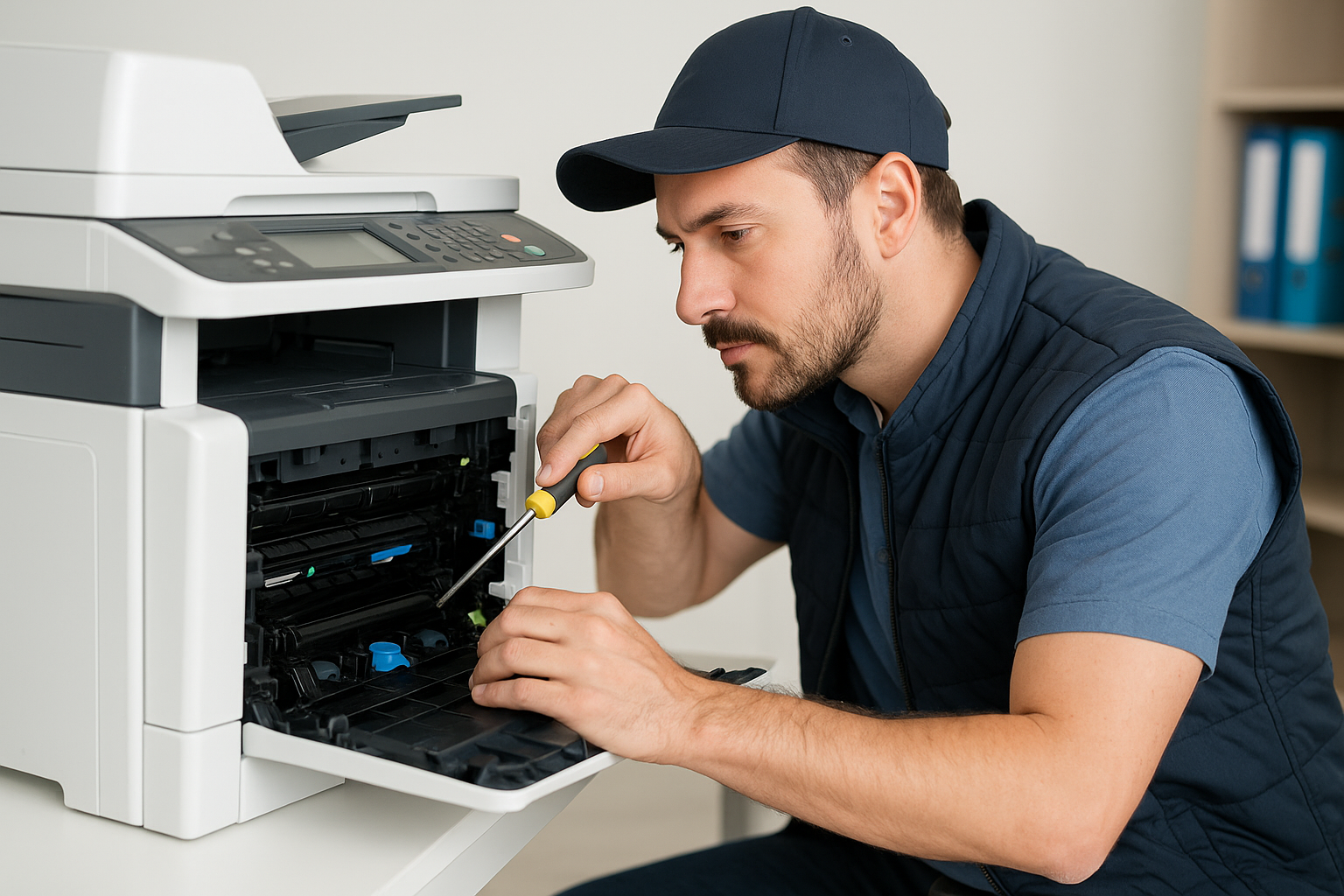 Técnico reparando impresora