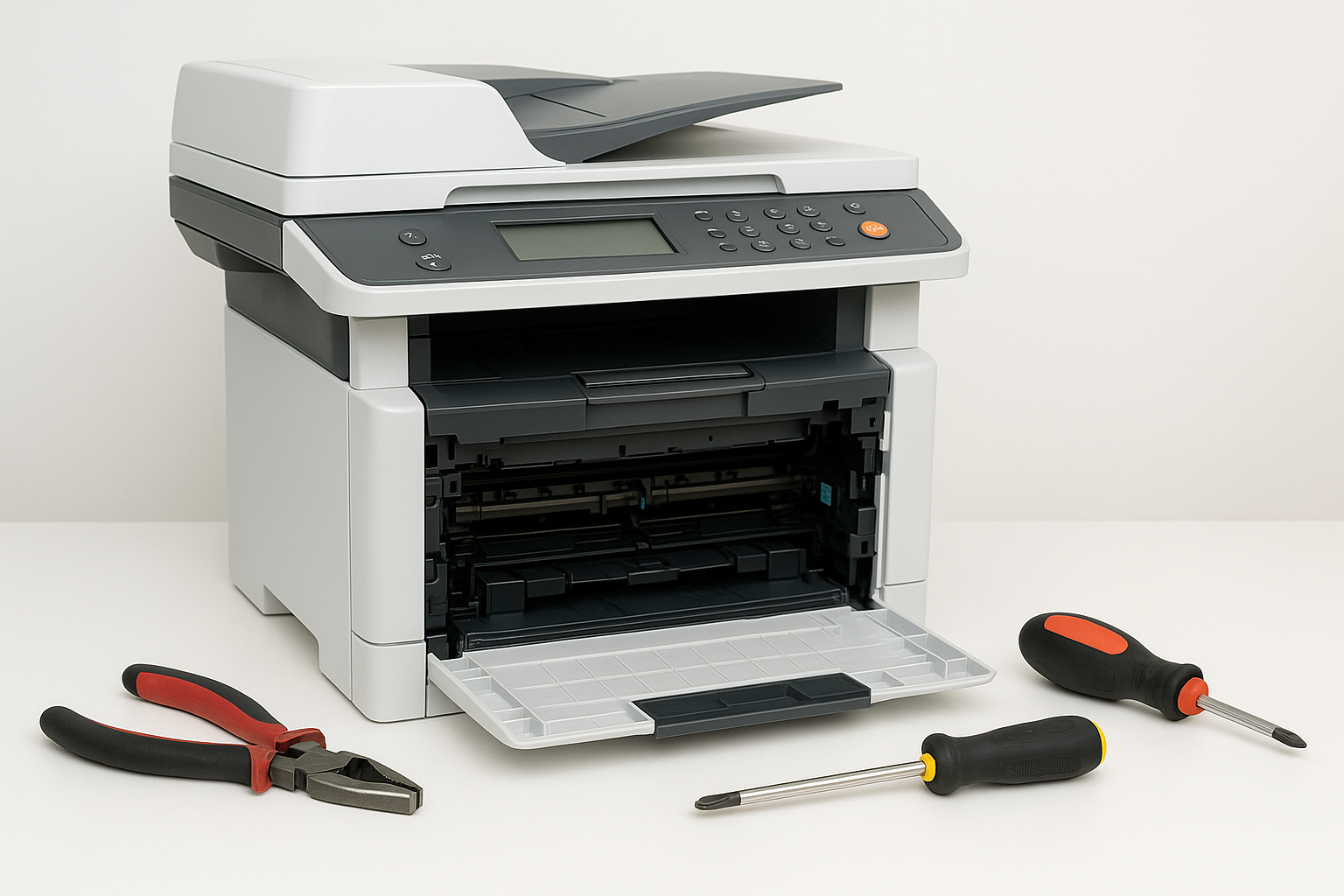 Técnico reparando impresora